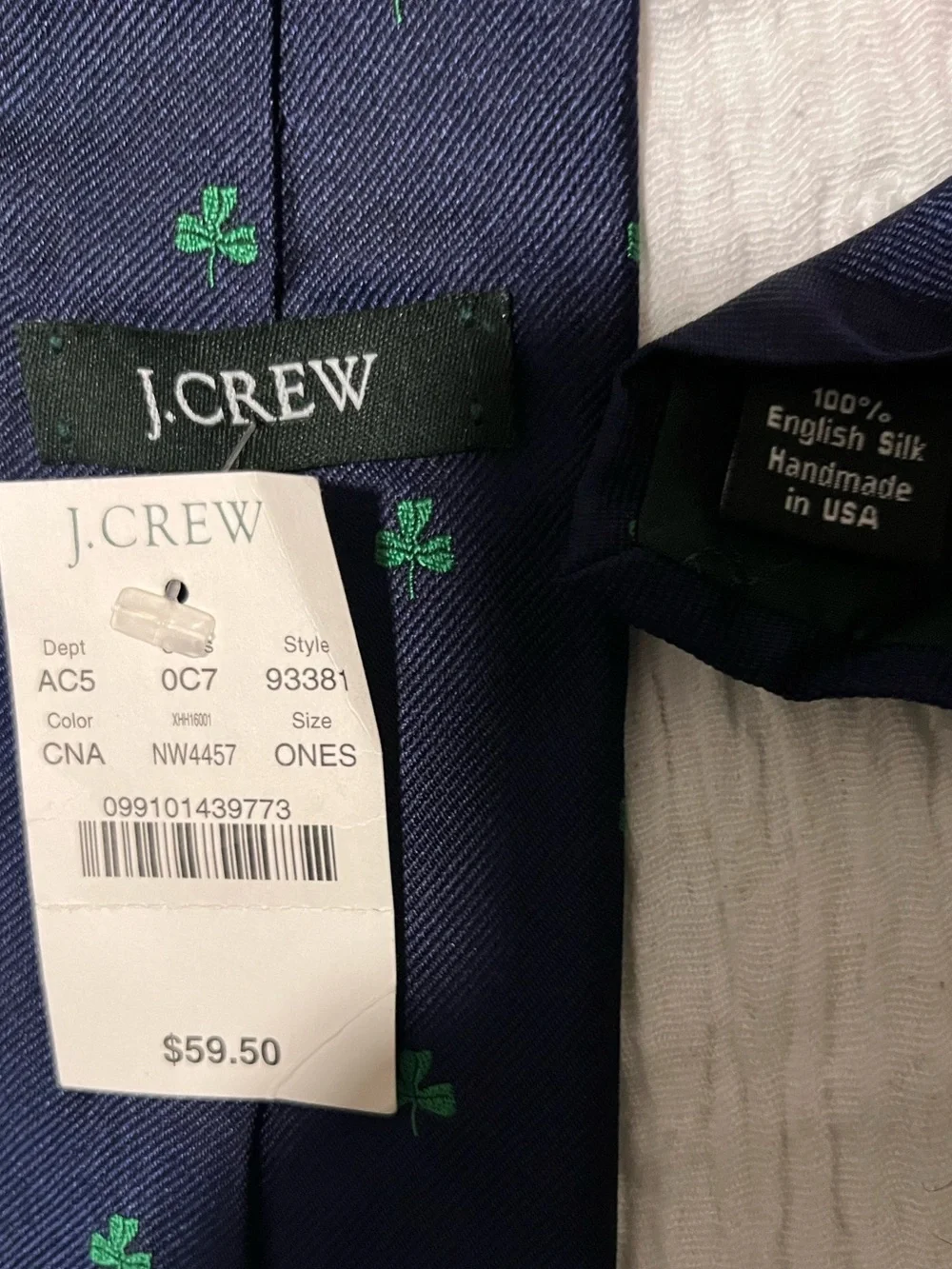 J. Crew Navy Tie with Green Shamrock Motif
